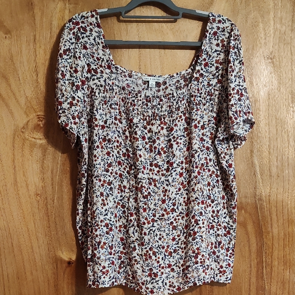 Zac&Rachel Ditsy Floral Smocked Blouse Red Navy Gold Square Neck Short Sleeve XL
